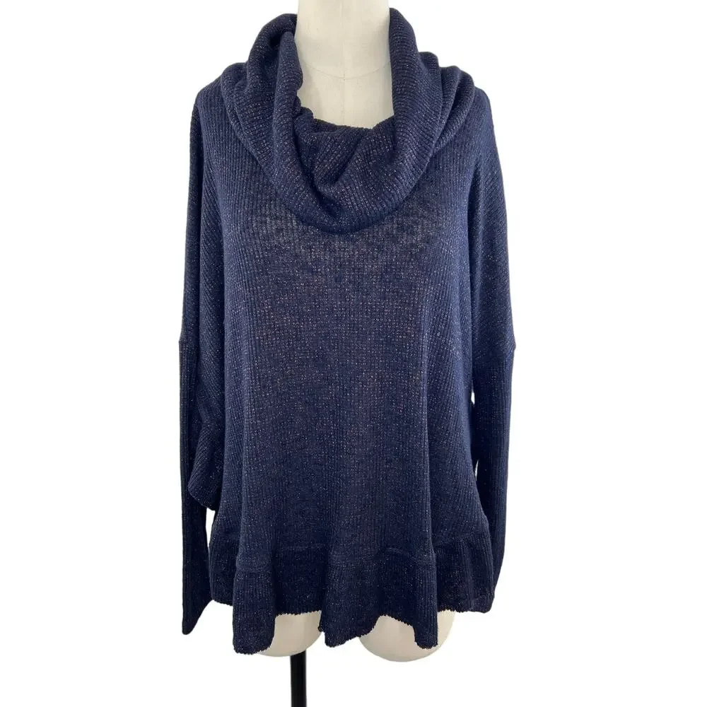 Anthropologie Postmark Blue Metallic Rib Knit Cowl Neck Relaxed Sweater XS